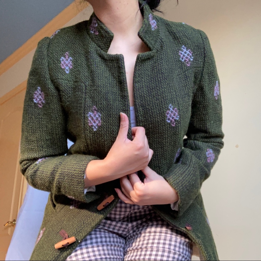 Army Green Sherpa Lined Bhutanese Handmade raw wool Jacket with endless knot